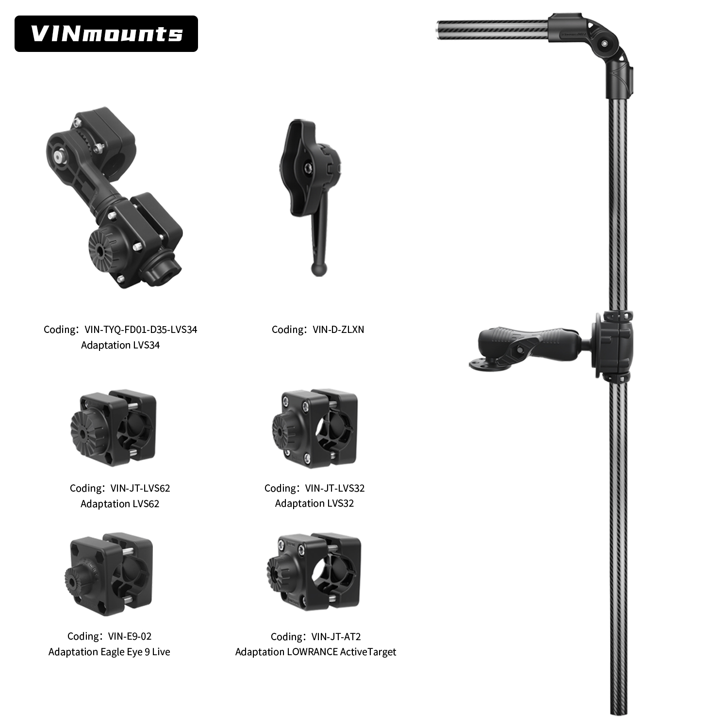 Fish Finder Transducer Mount - ขาตั้งคาร์บอนไฟเบอร์สำหรับติดตั้งเครื่องหาปลา LiveScope พร้อมแขนทรานสดิวเซอร์ปรับระดับได้ สำหรับ Garmin LVS34/32/62,