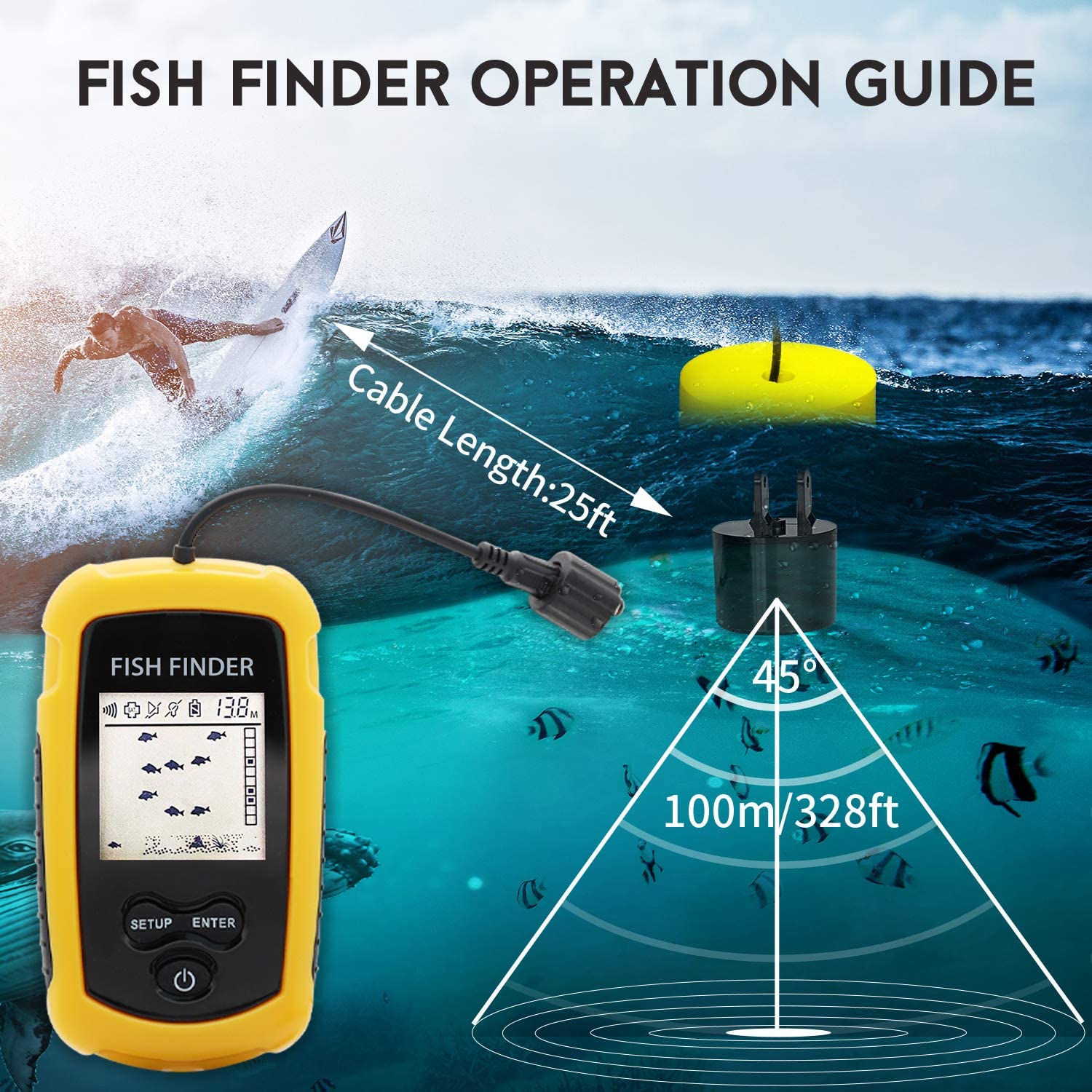นาฬิกาปลุก 100M แบบพกพา SONAR  - Fish Finder Transducer 200Khz บทวิจารณ์และราคา